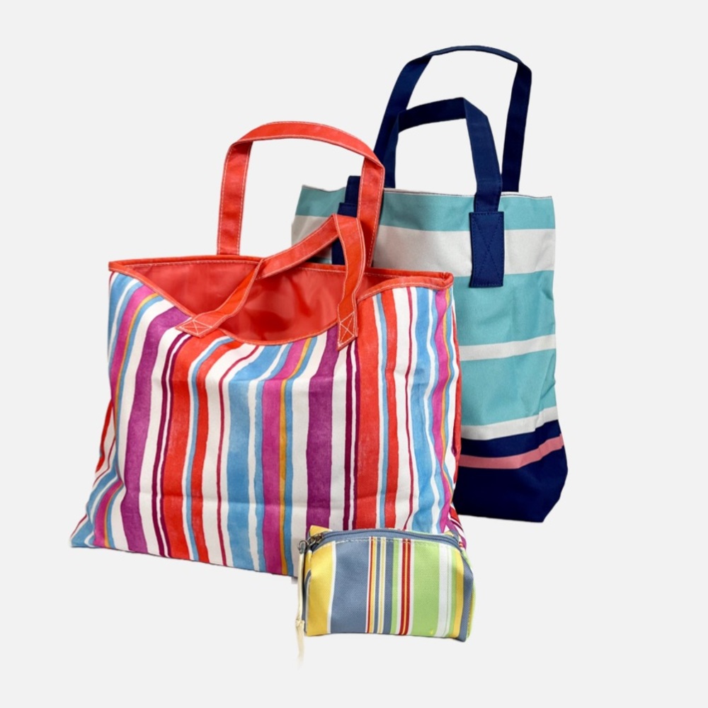 New 3 Piece Rainbow Stripe Travel Carry Tote Bags and Zipper Pouch NWOT